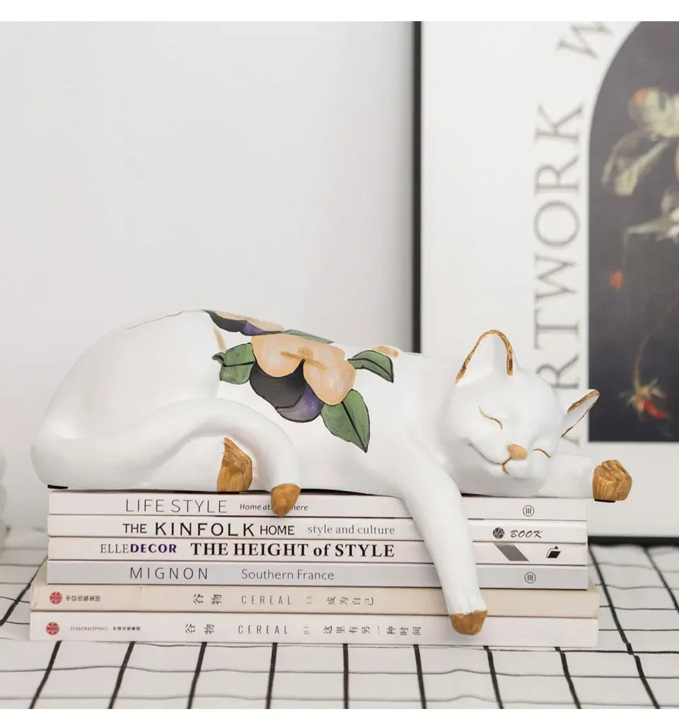 Floral Sleeping Cat Statue