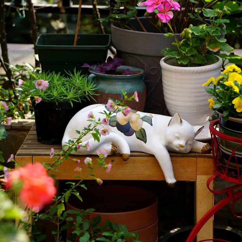 Floral Sleeping Cat Statue