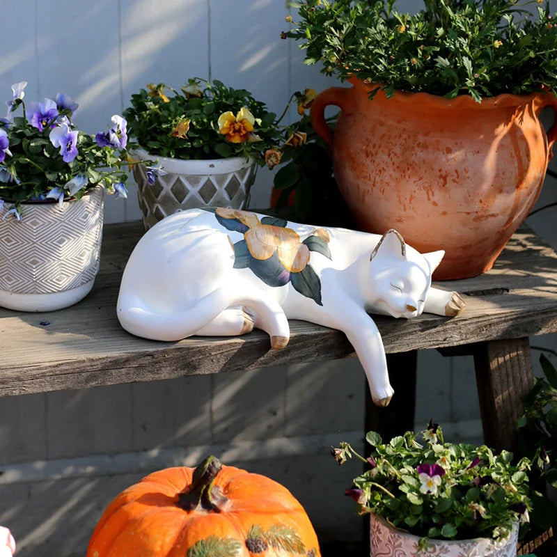 Floral Sleeping Cat Statue